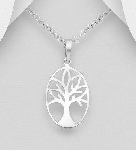 925 Sterling Silver Oval Open Work Tree Of Life Pendant & Chain